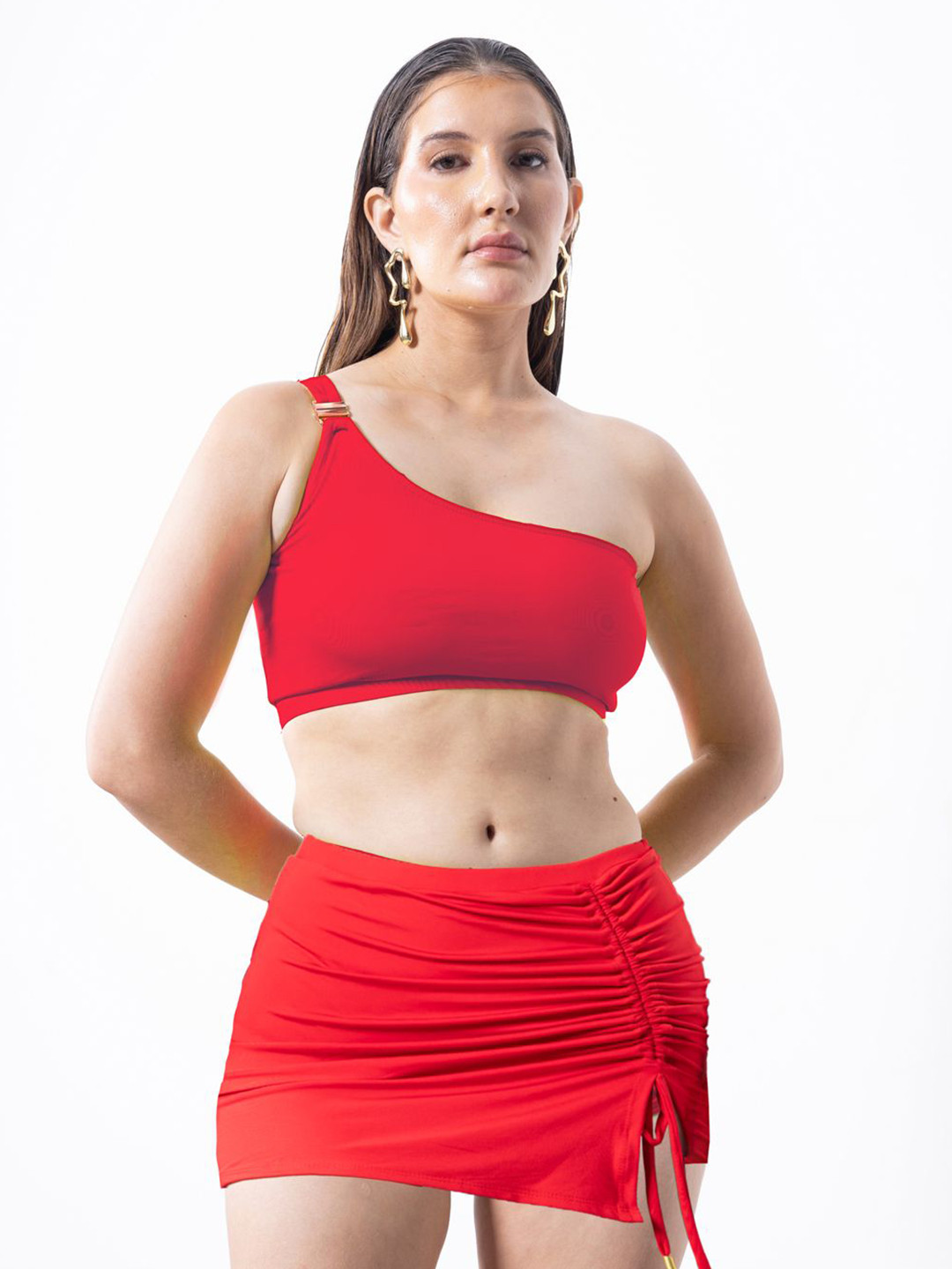 Aoba Women Red Solid One Shoulder Full Coverage Swim Set