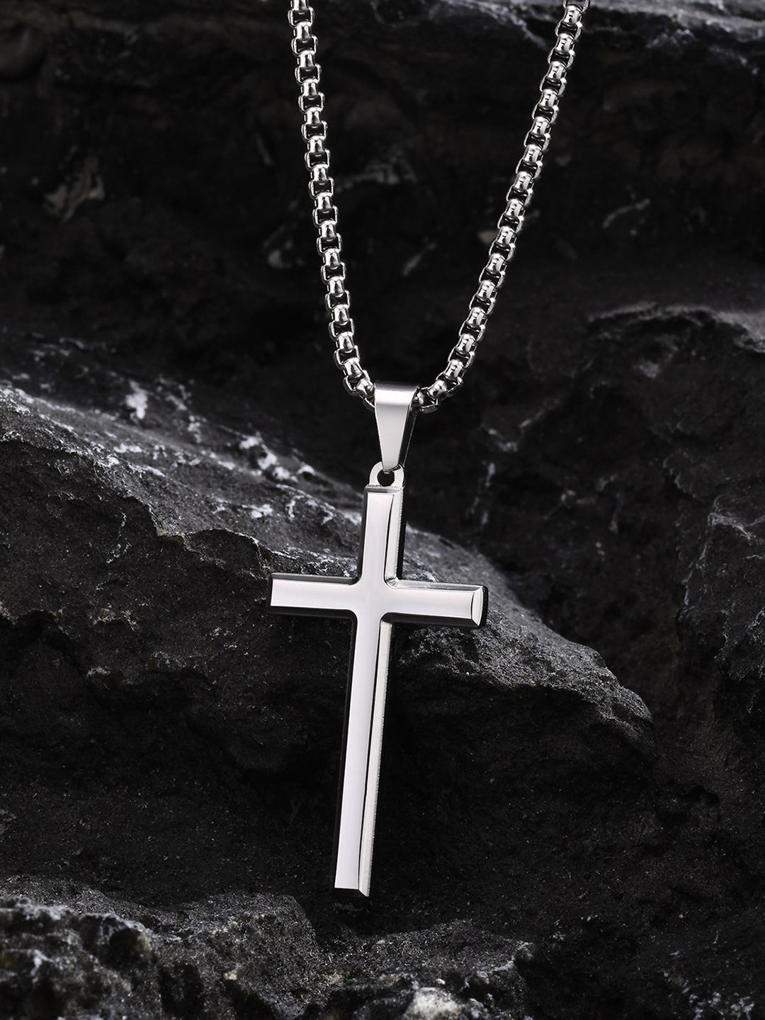 Peora Men Silver-Plated Stainless Steel Cross Pendant with Chain