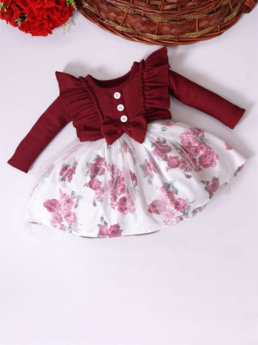 MS BROTHERS Girls Floral Print Net Fit & Flare Dress