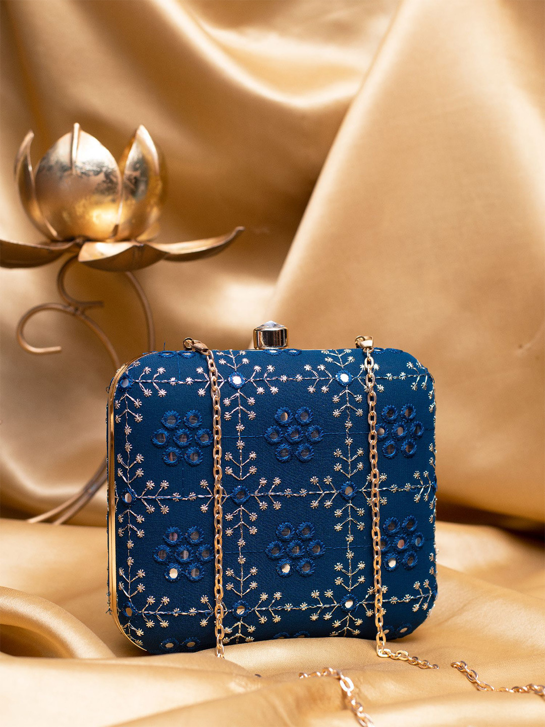 ARTKLIM Threadwork Embroidery Box Clutch with Sling Chain