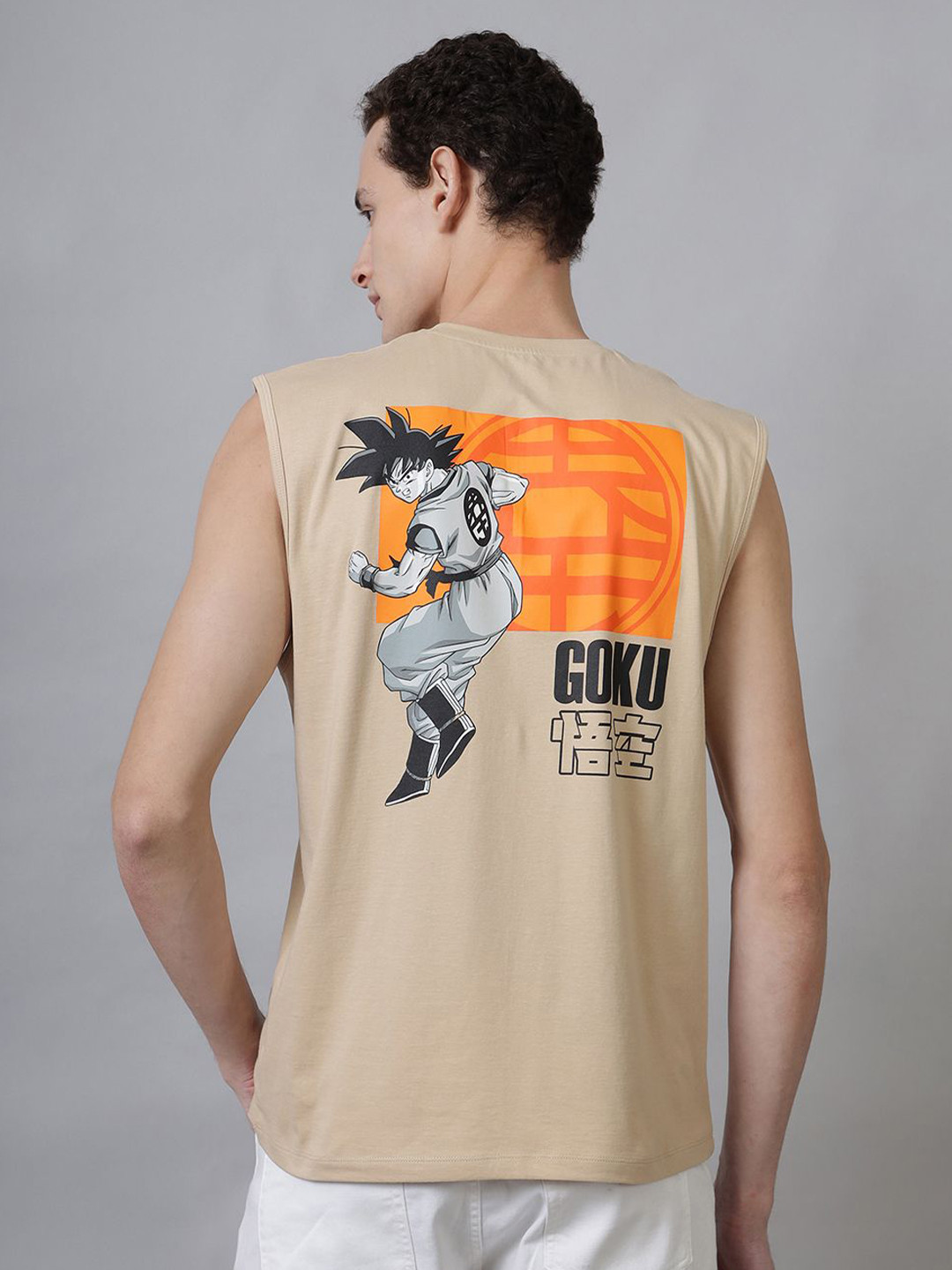 Dragon Ball Z Regular Fit Round Neck Beige Muscle-T For Young Men
