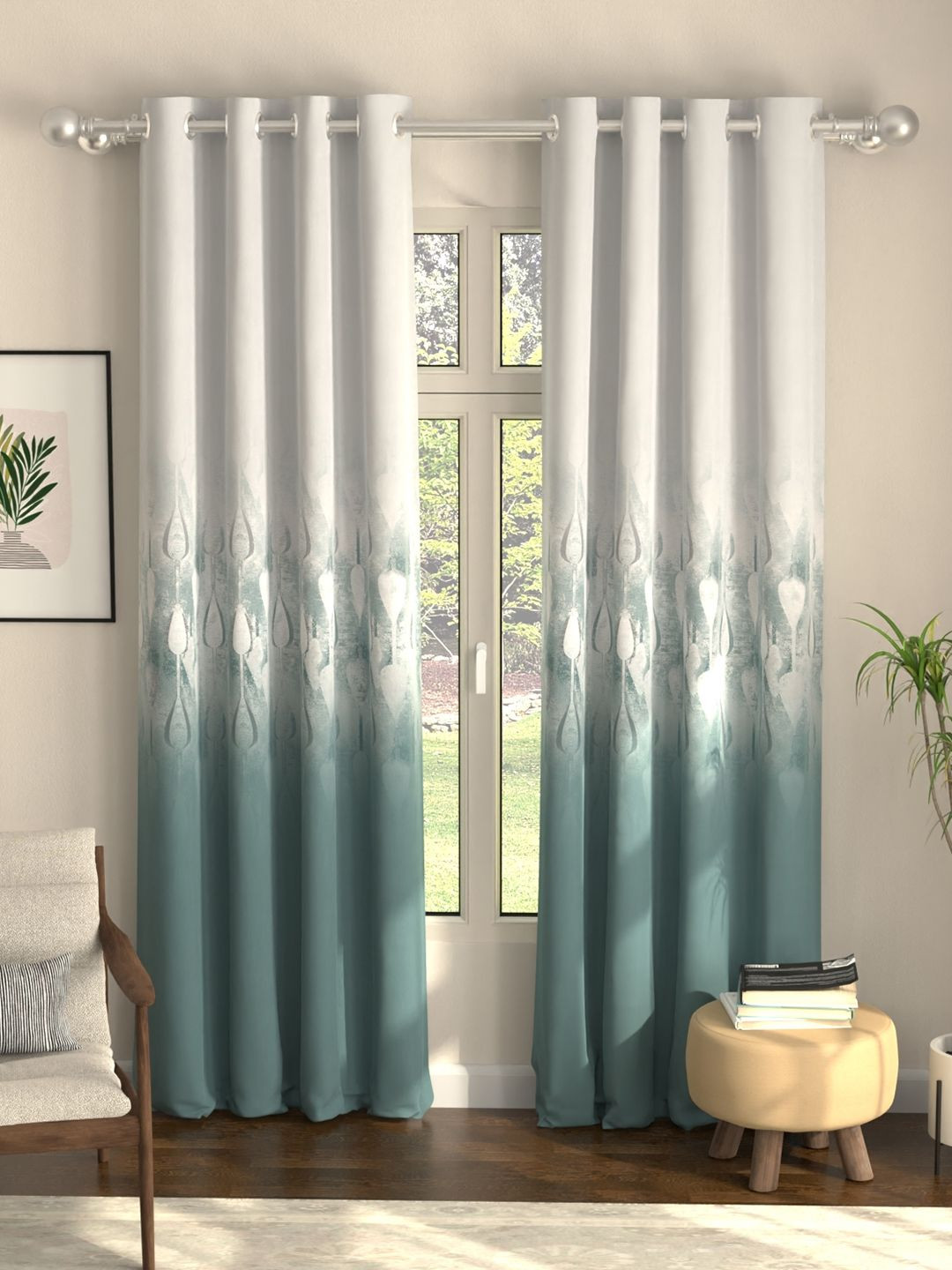 URBAN SPACE Turquoise Blue & White Pack of 2 Colourblocked Digital Black Out Door Curtains