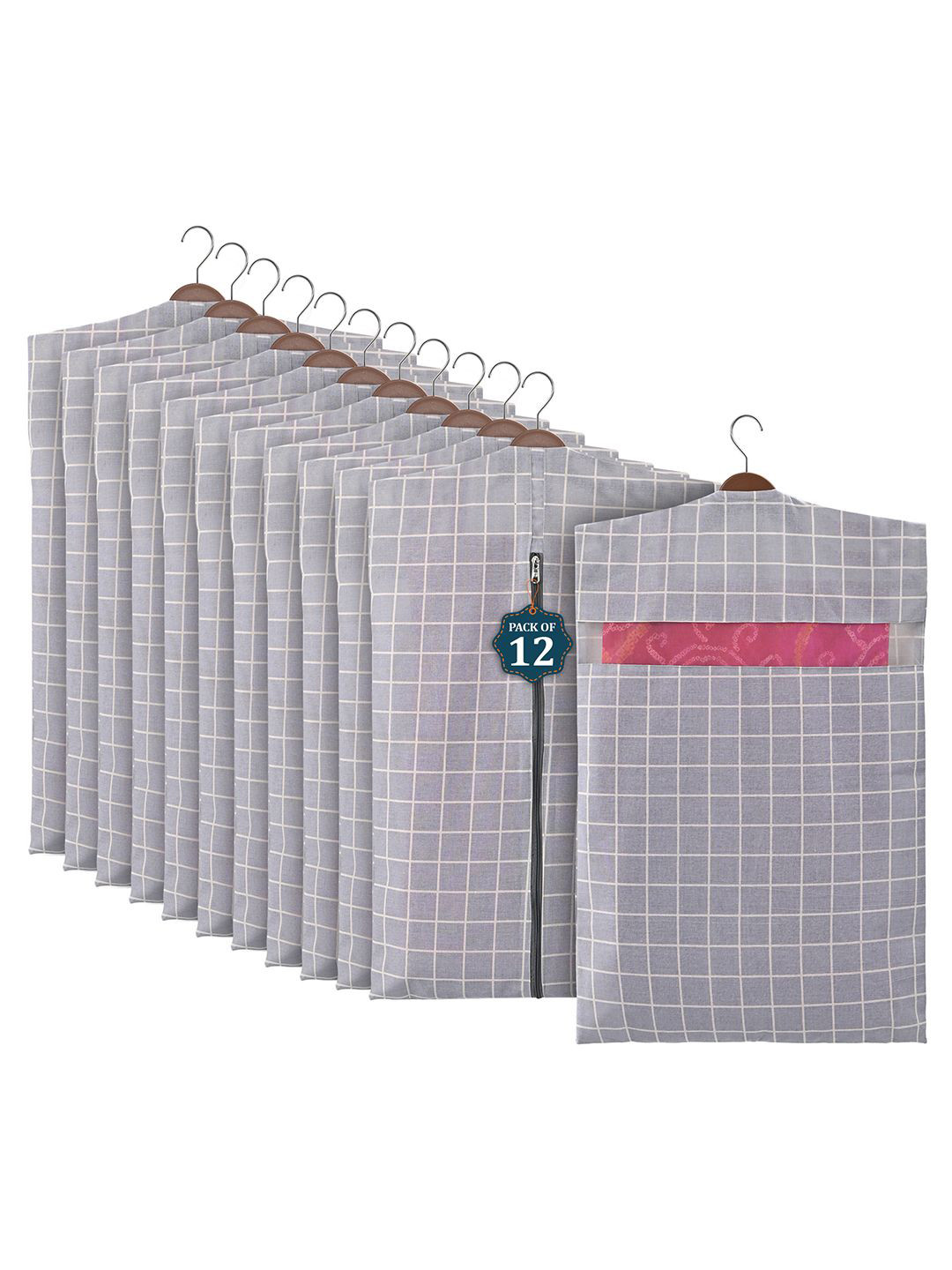 Kuber Industries Light Grey 12 Pieces Mesh Cotton Hanging Saree Cover Storage Organisers