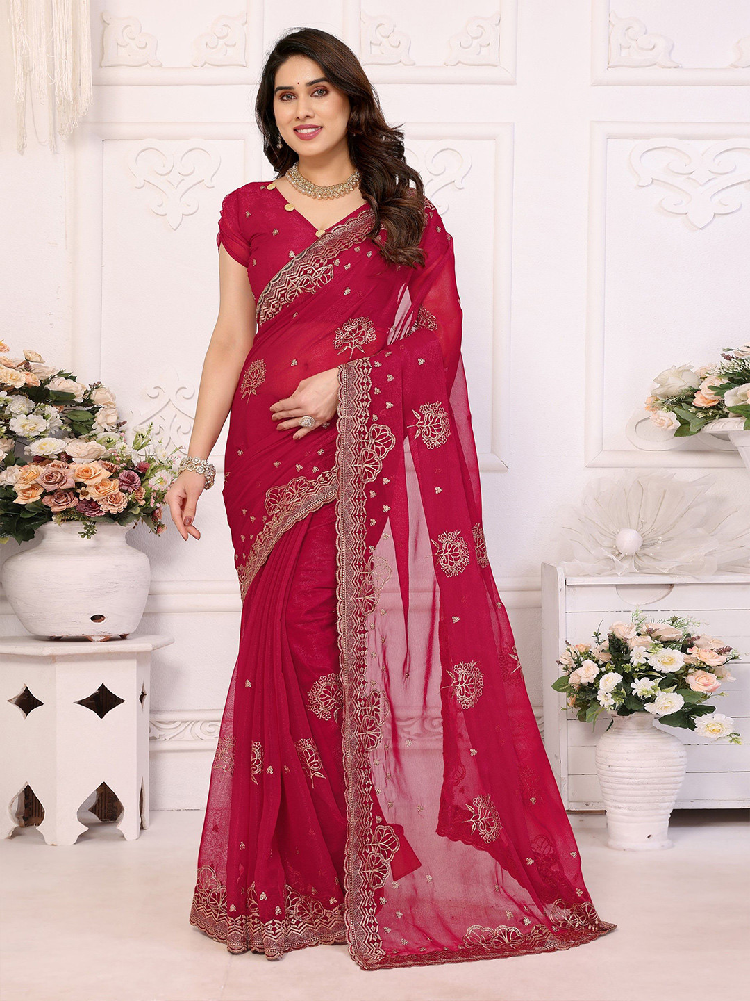 Ambuja International Ethnic Motifs Embroidered  Saree