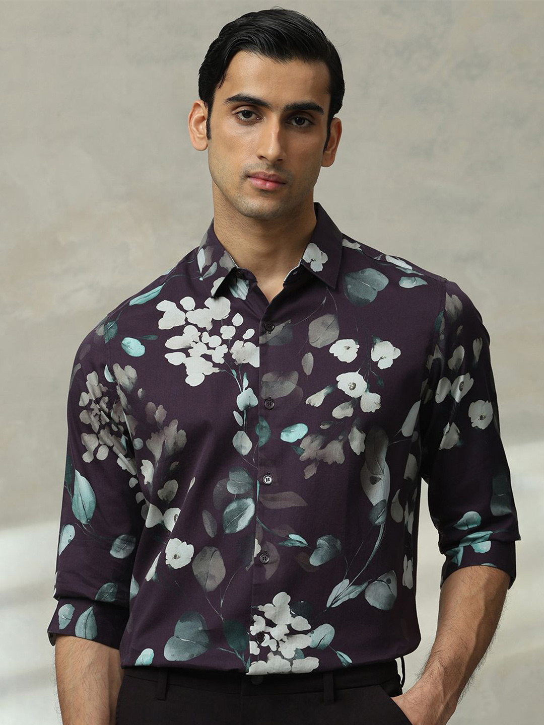 Mufti Men Slim Fit Spread Collar Floral Printed Cotton Formal Shirt