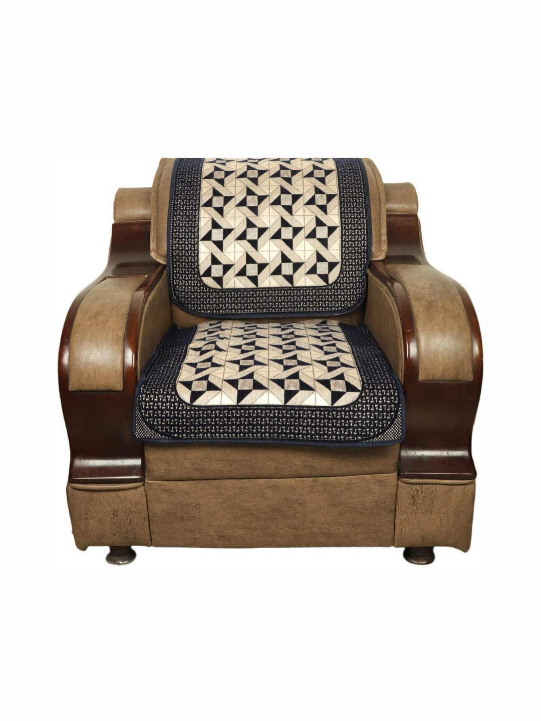 MONKDECOR Blue & White 6 Pieces Printed Velvet 5 Seater Without Arms Sofa Covers