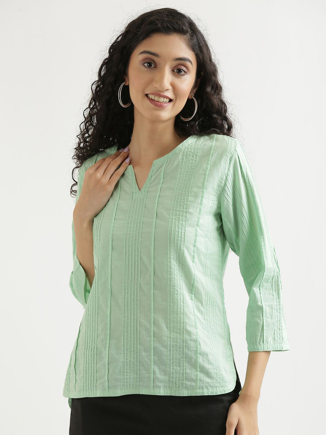 SAADAA Women Mint Green Solid Everyday Cotton Top for Casual & Office Wear