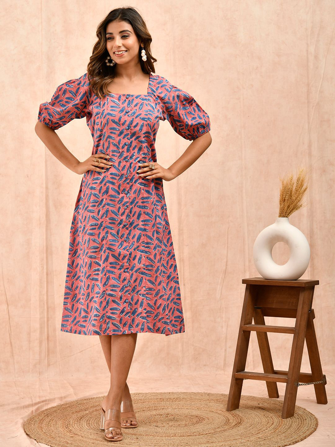 Eco Clothing Abstract Printed Puff Sleeve Cotton A-Line Midi Dress