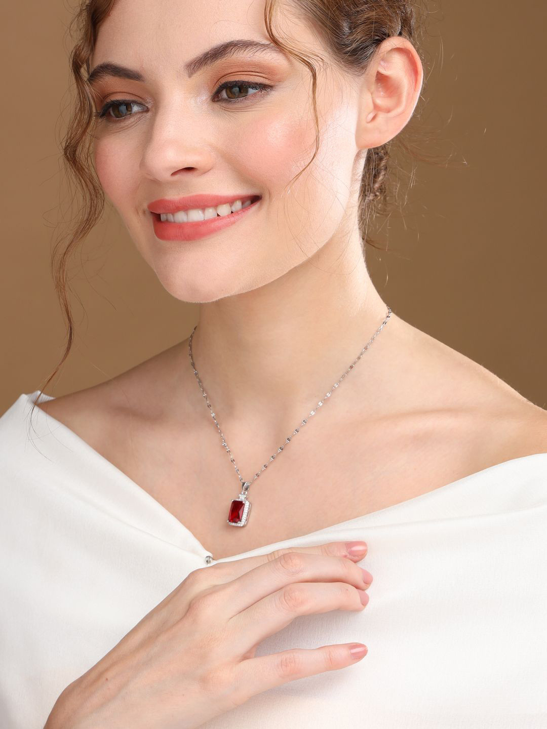 Priyaasi Silver-Plated Ruby Studded Square Red Necklace