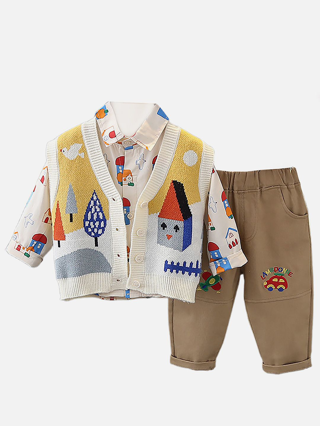 Little Surprise Box LLP Kids 3-Pcs Green Village Theme Cardigan & Shirt With Trousers