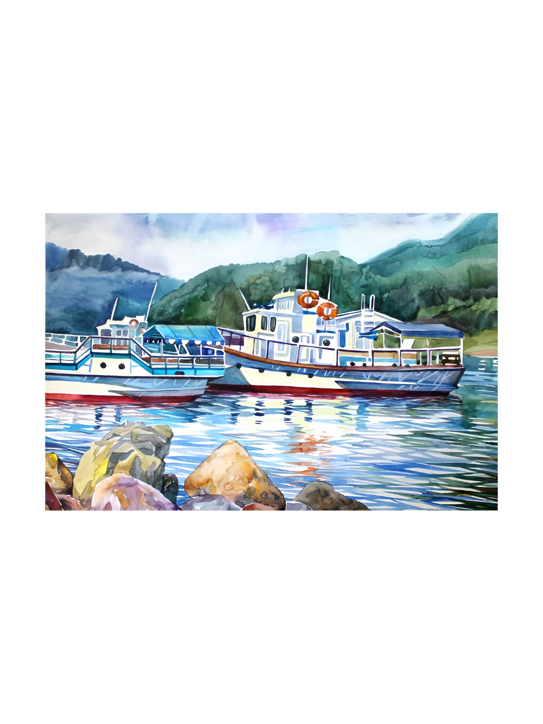 Inephos White And Blue Printed Wood Wall Art