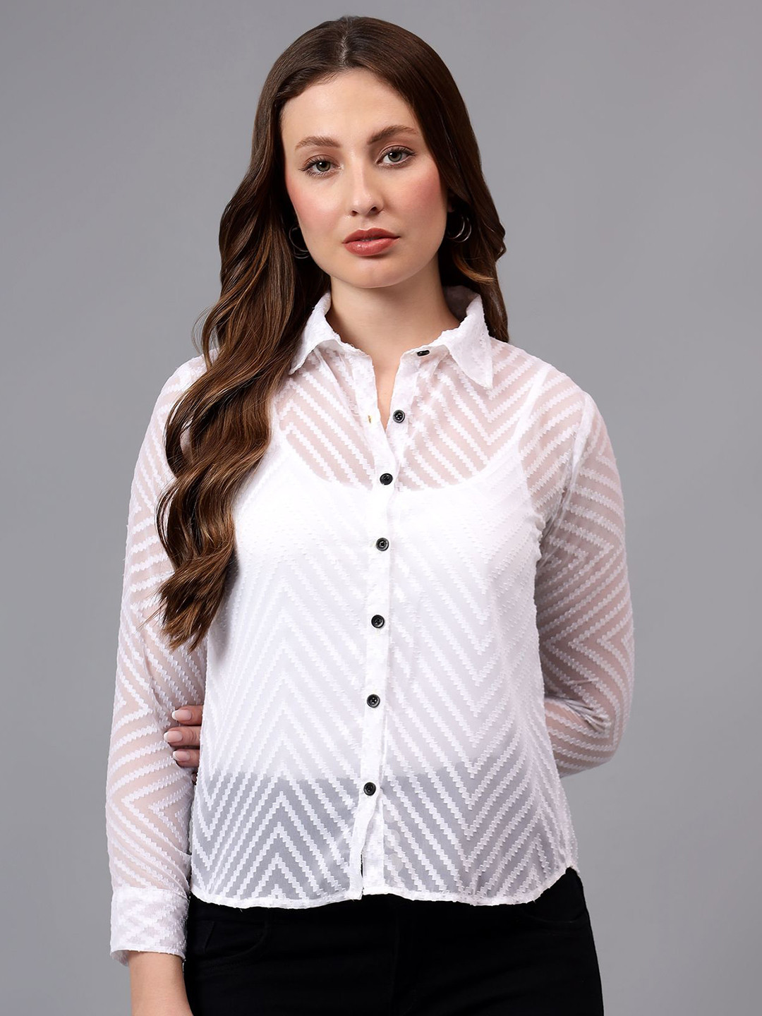 Bright Nex Women Relaxed Boxy Fit Spread Collar Textured Casual Shirt