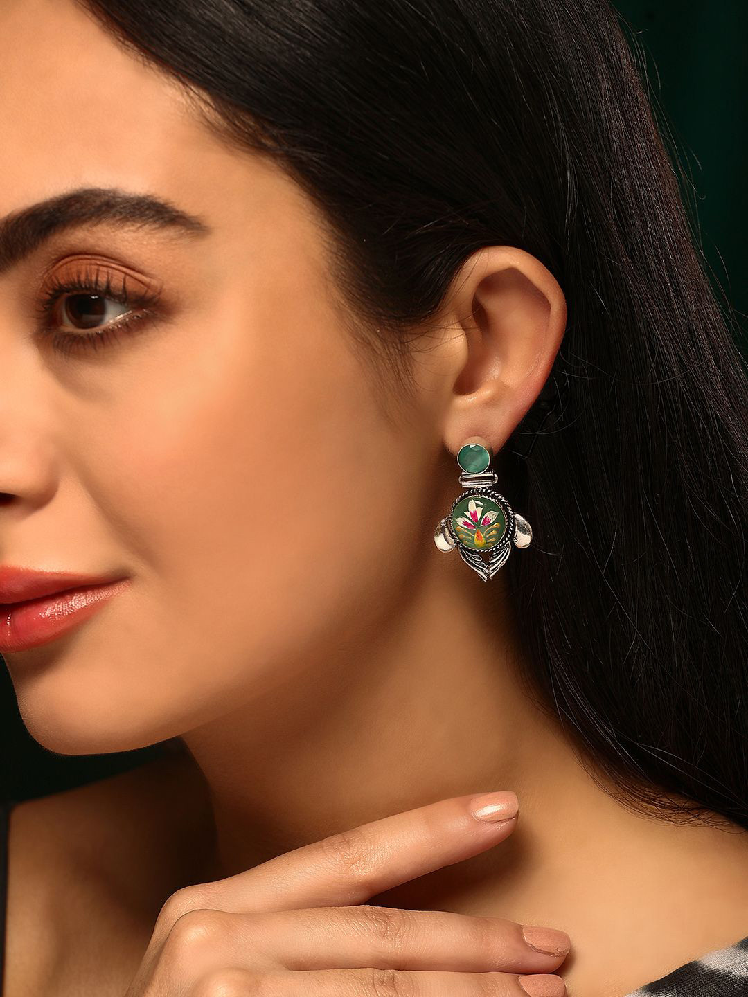 Priyaasi Silver Plated Floral Emarld Oxidized Drop Earrings