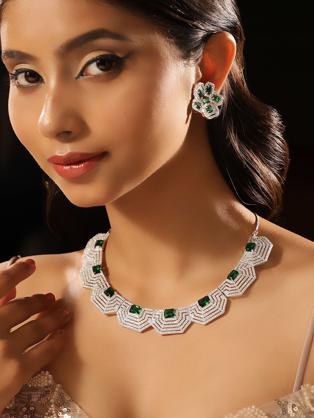 Priyaasi Silver Plated Green Emarld American Diamond Necklace & Earrings