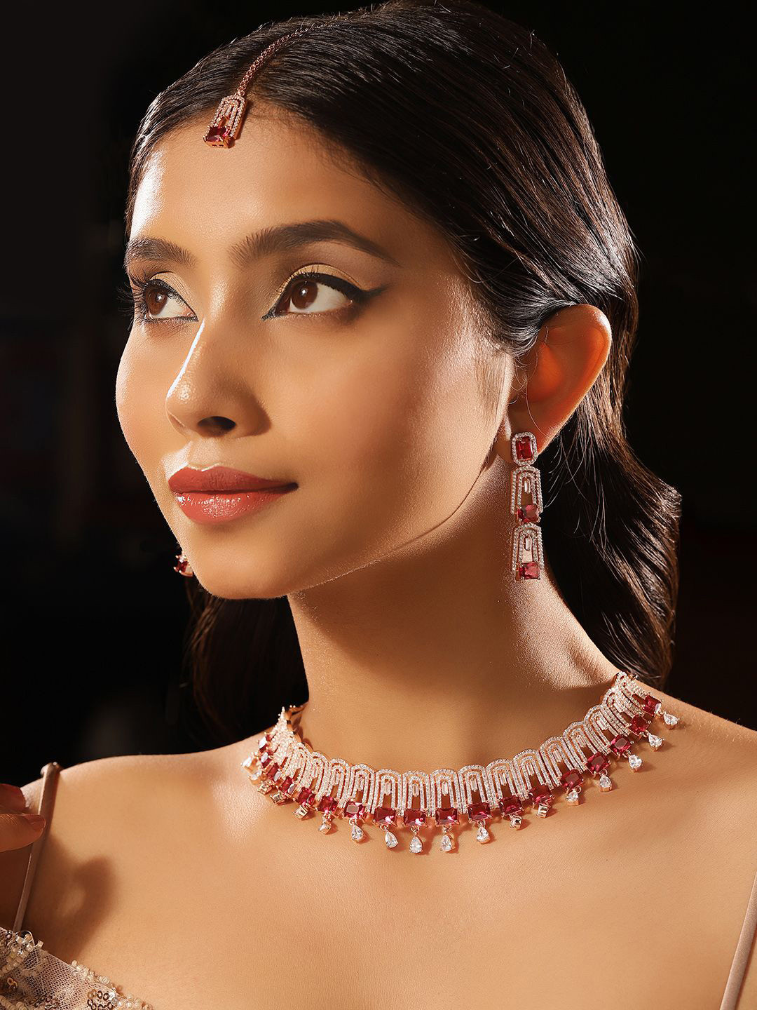 Priyaasi Gold Plated Red Ruby American Diamond Necklace & Earrings
