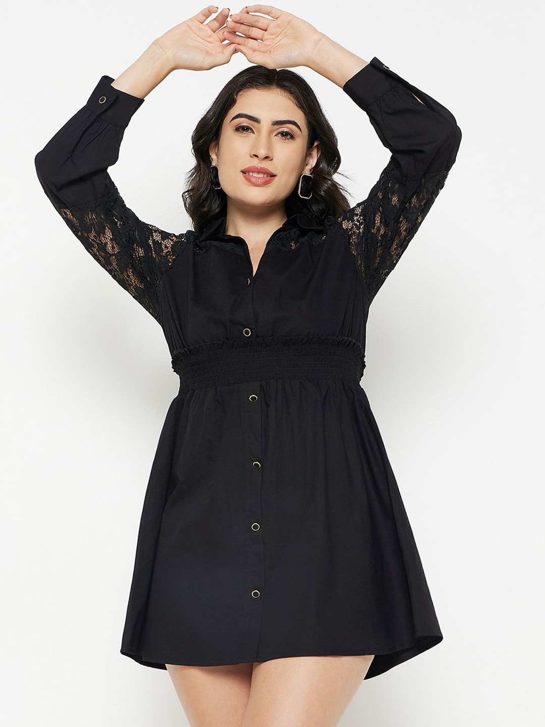 Madame Shirt Collar Smocked Fit and Flare Mini Dress