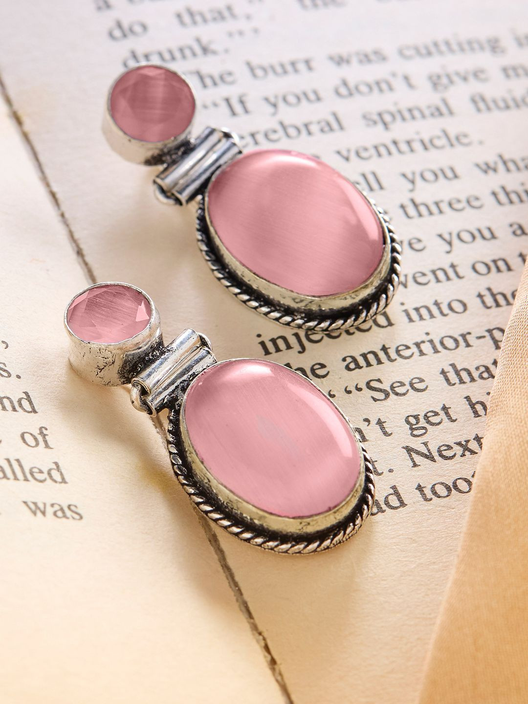 Priyaasi Silver Plated Crystal Studded Oxidized Contemporary Drop Earrings