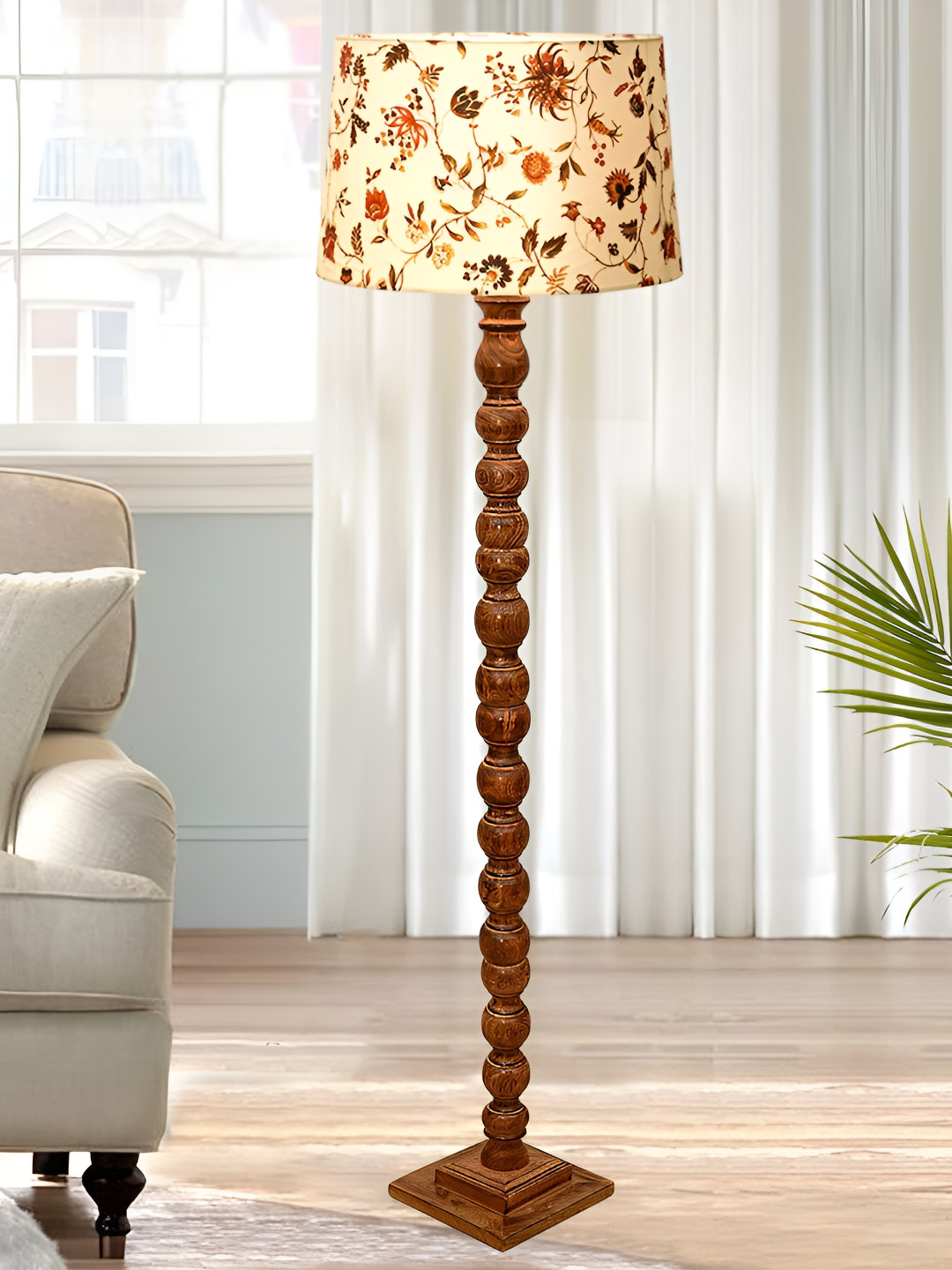 Homesake Rose & Brown Printed Cylinder Shaped Wooden Floor Lamp