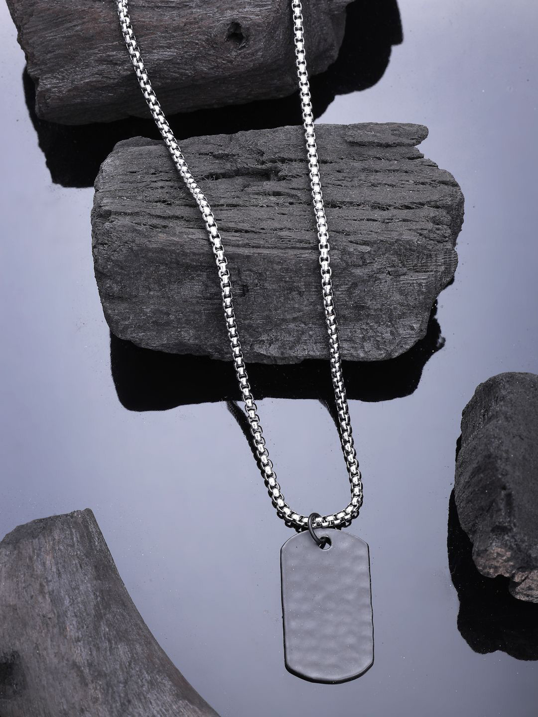 AQUATAN Men Silver-Plated Stainless Steel Square Dog Tag Pendant Chain