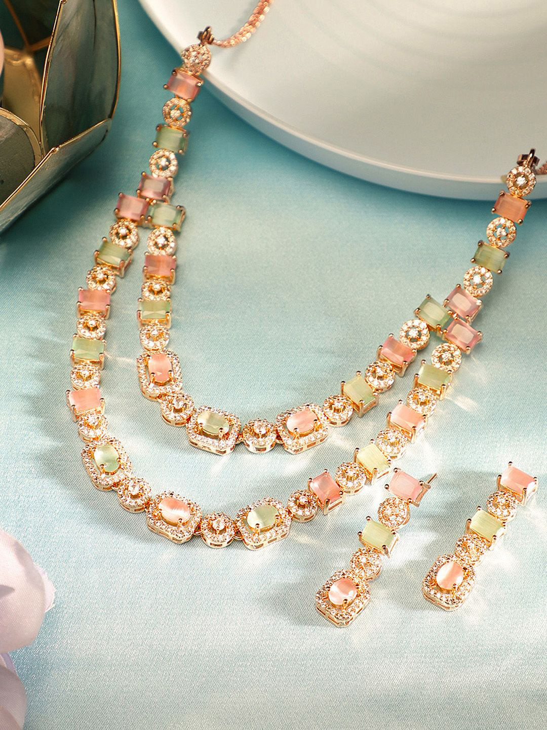 Priyaasi Rose Gold Plated Mint American Diamond Studded Layered Jewellery Set