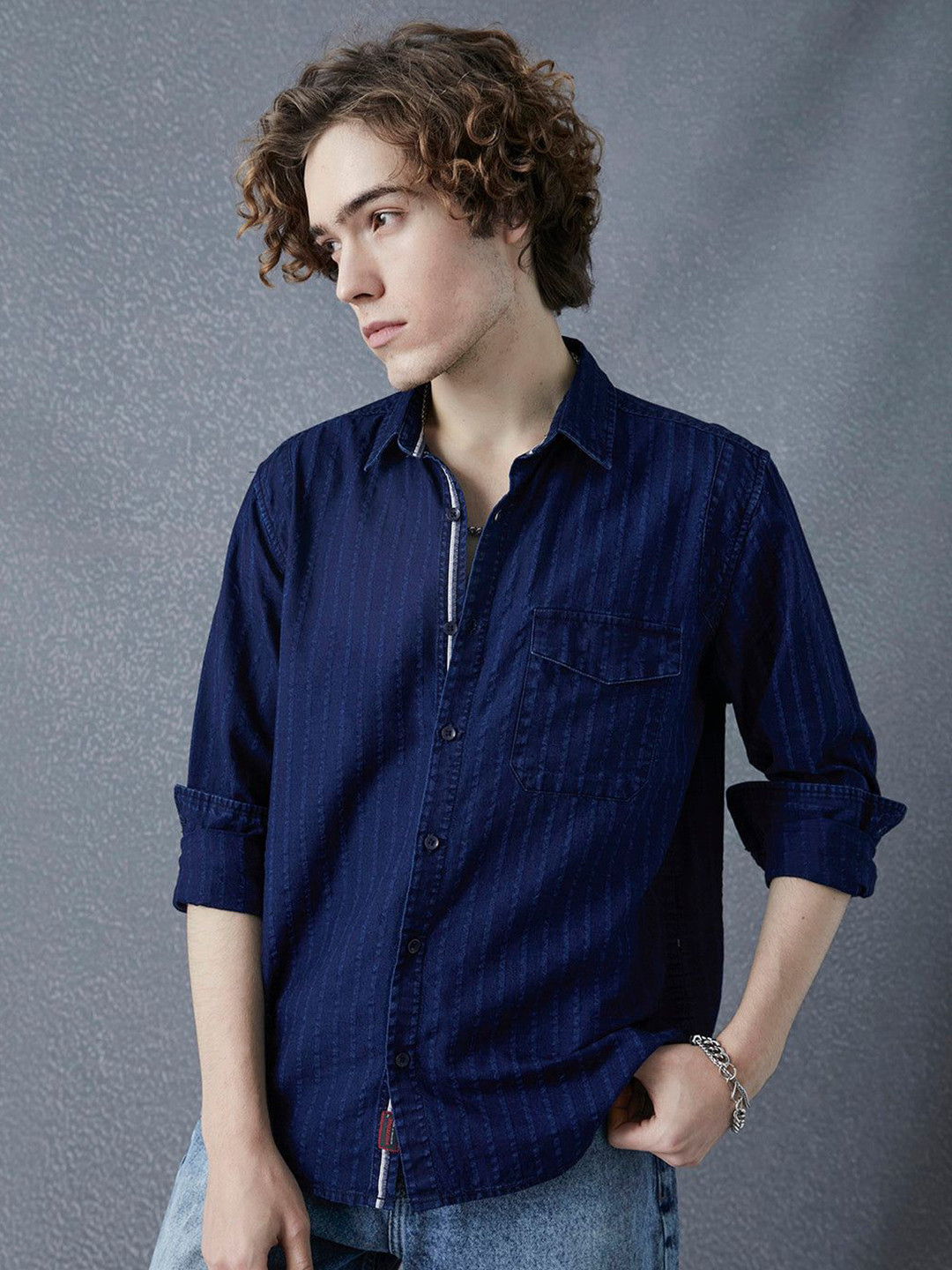 Voltedge Men Premium Realxed Fit Indigo Textured Street Style Cotton Casual Shirt