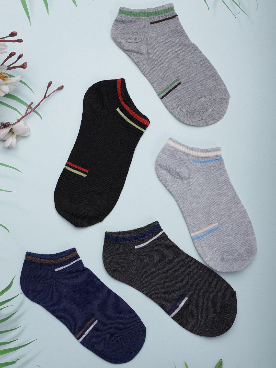 Zalima Men Pack Of 5 Striped Cotton Ankle-Length Socks