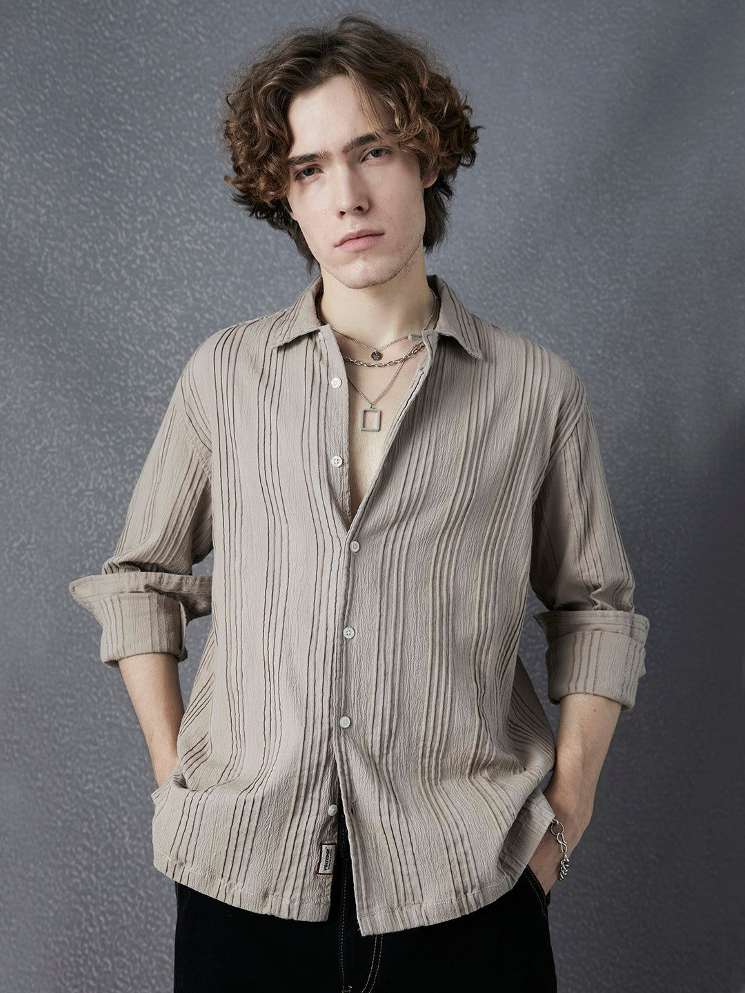 Voltedge Men Premium Relaxed Fit Pleat Textured Cotton Stretch Casual Shirt