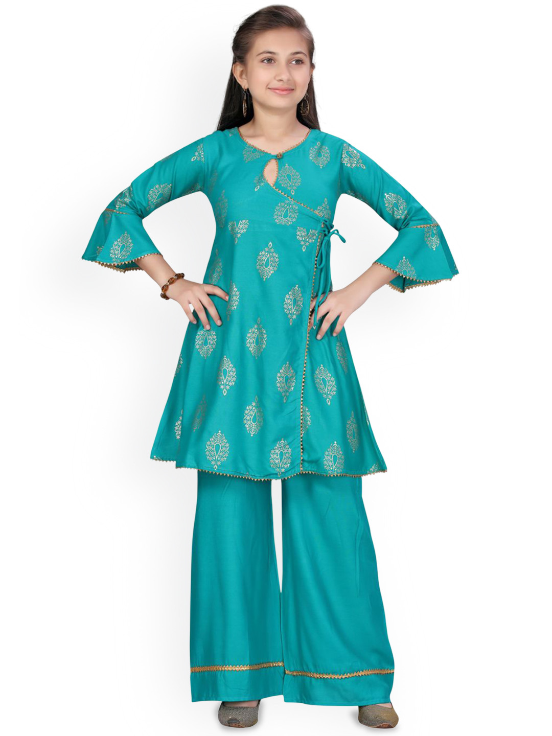 Sangria Girls Green Ethnic Motifs Printed Pure Cotton Kurta And Palazzo