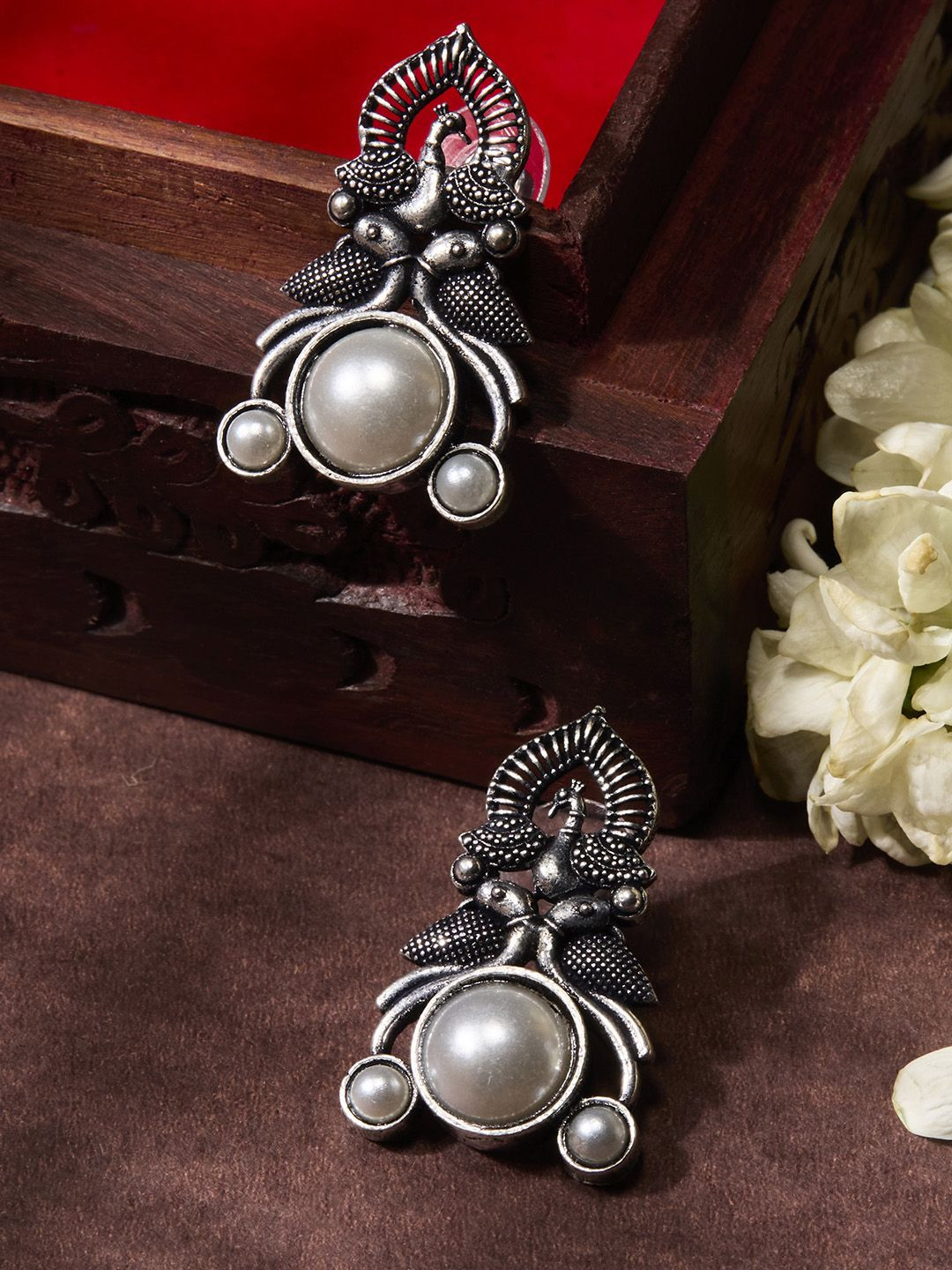 Priyaasi White Silver-Plated Pearls Beaded Contemporary Drop Earrings