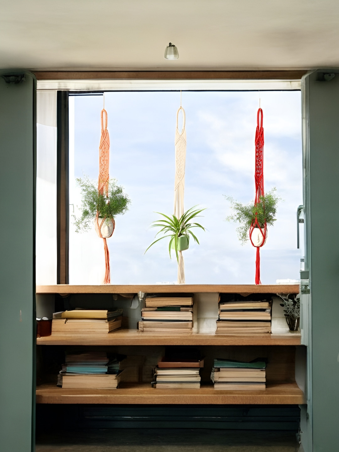DULI Red & Cream-Coloured 3 Pieces Macrame Cotton Thread Boho Hanging Planters