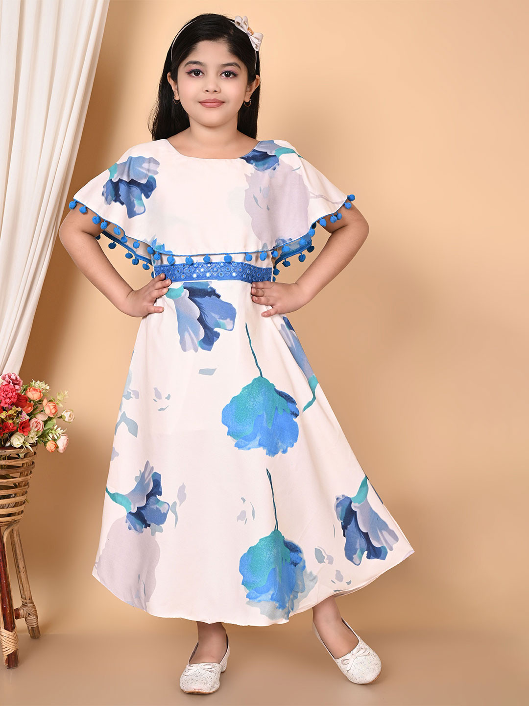 KAARIGARI Girls Floral Printed Cape Sleeve Fit and Flare Dress