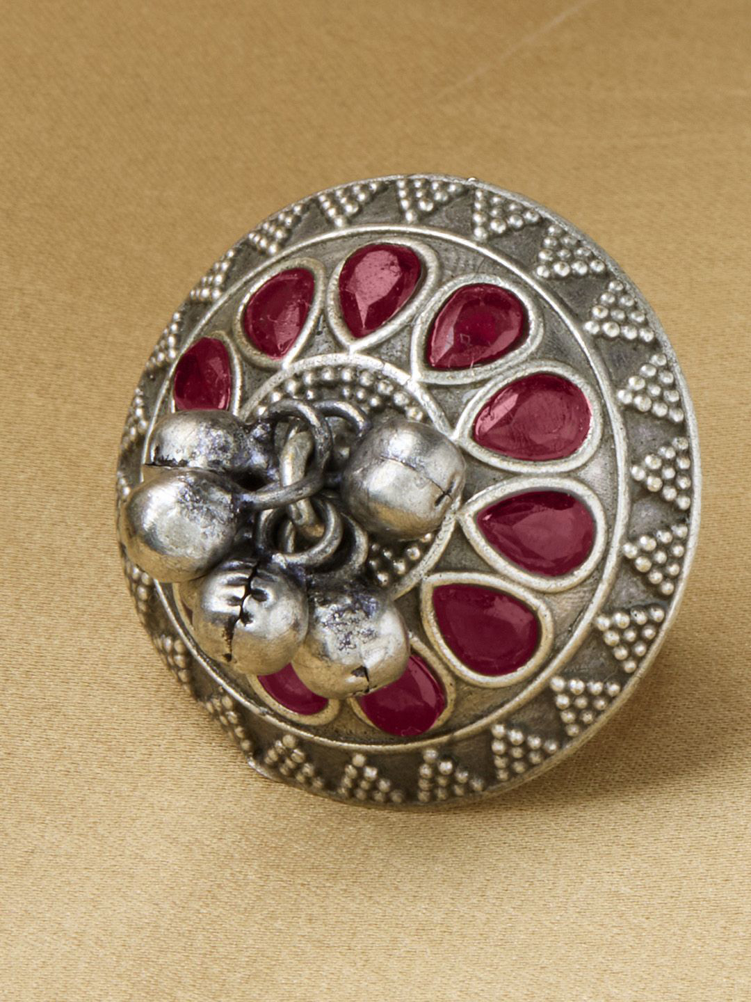 Priyaasi Silver-Plated Stone Studded & Beaded Oxidized Kemp Finger Ring