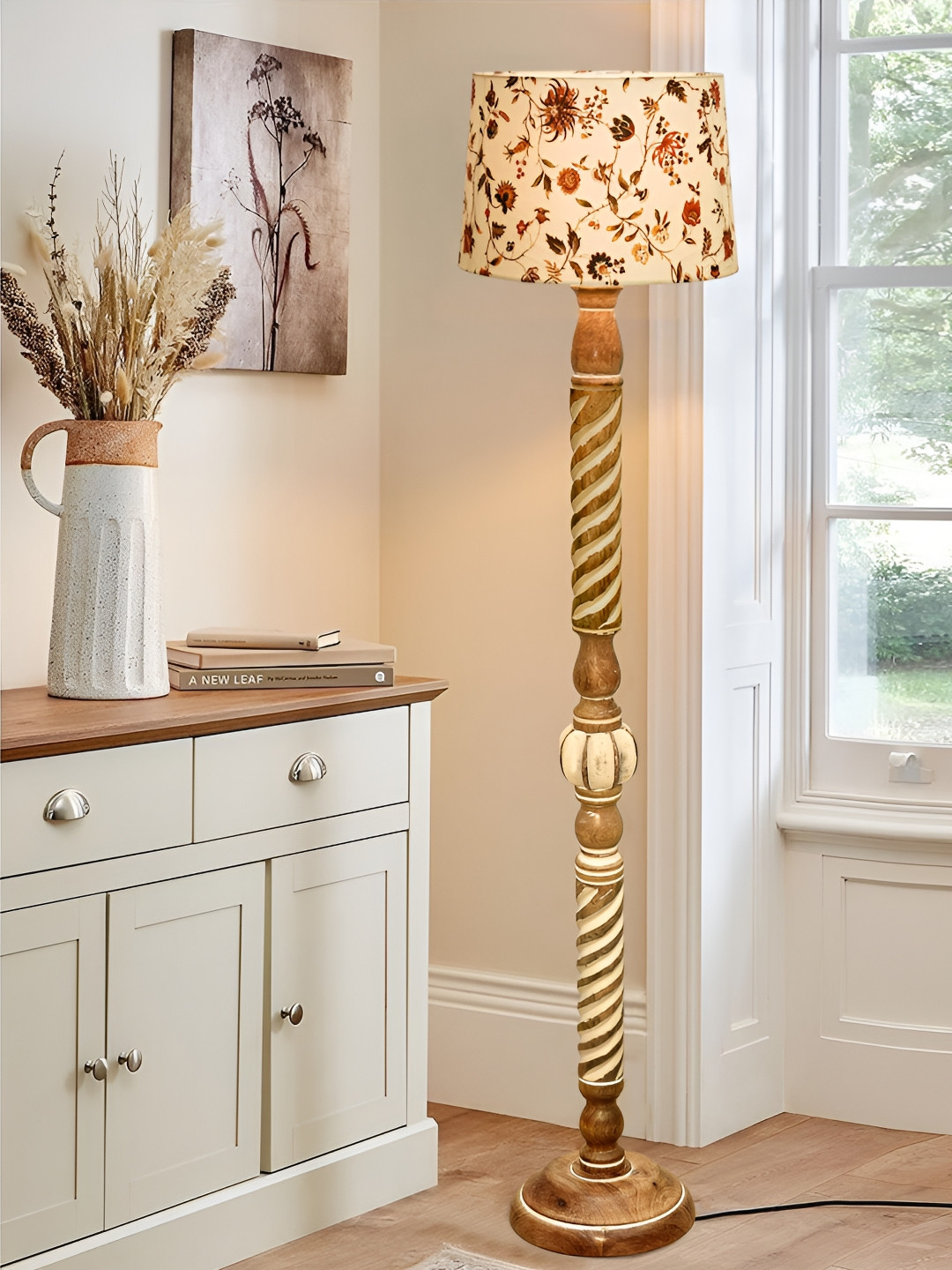 Homesake Wine & Brown Printed Cylinder Shaped Wooden Floor Lamp