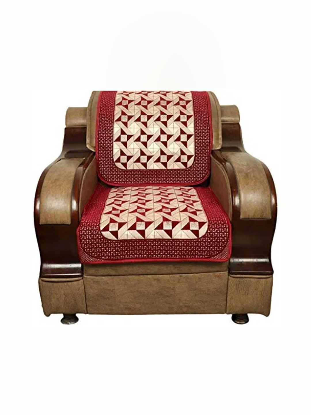 MONKDECOR Maroon & White 6 Pieces Printed Velvet 5 Seater Without Arms Sofa Covers