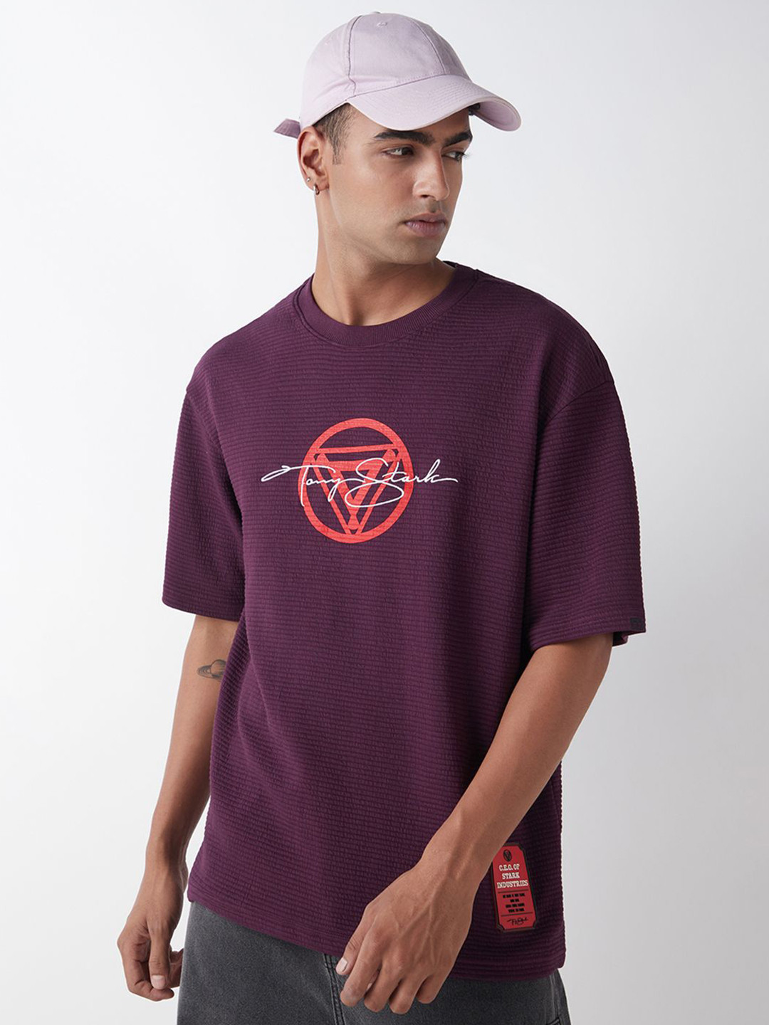 Bewakoof Heavy Duty 1.0 Official Marvel Merchandise Stark Badge Textured Oversized T-shirt