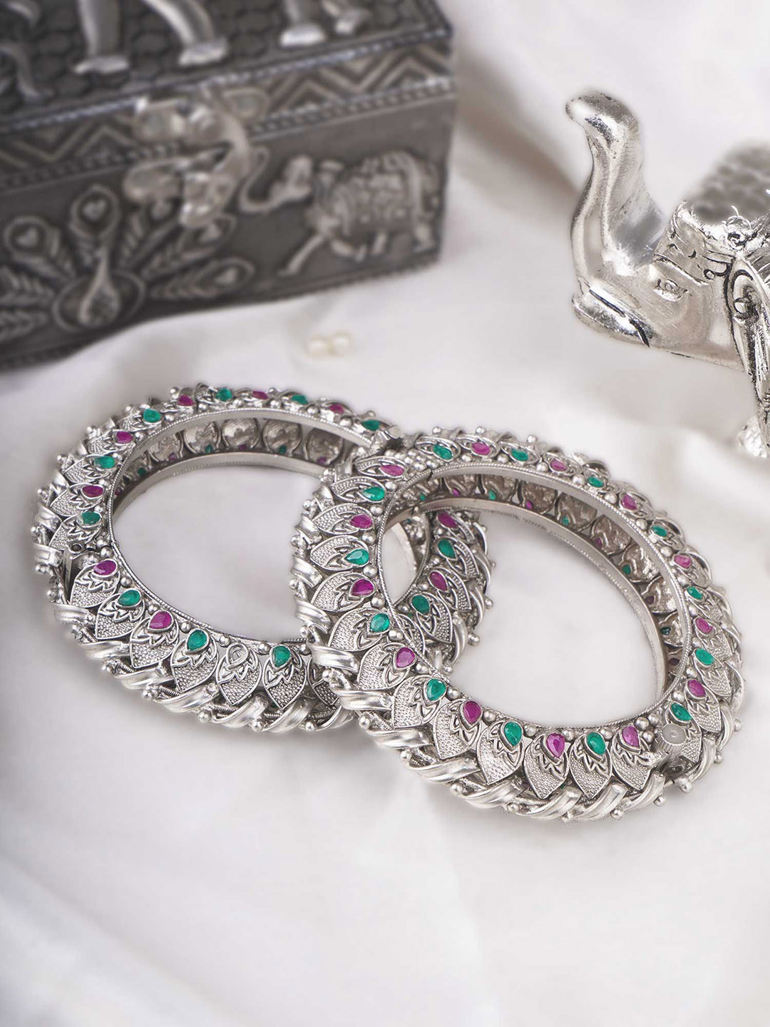 Adwitiya Collection  Set of 2 24k Silver-Plated Artificial Stones & Beads Studded Bangles