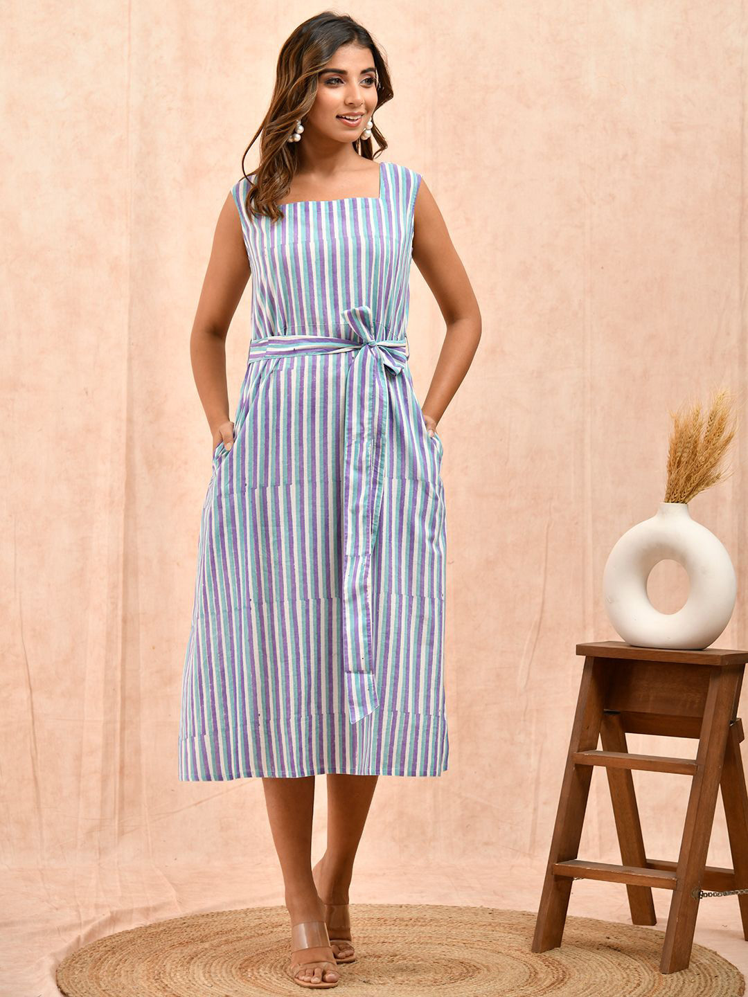 Eco Clothing Striped Square Neck A-Line Midi Cotton Dress With Tie-Ups