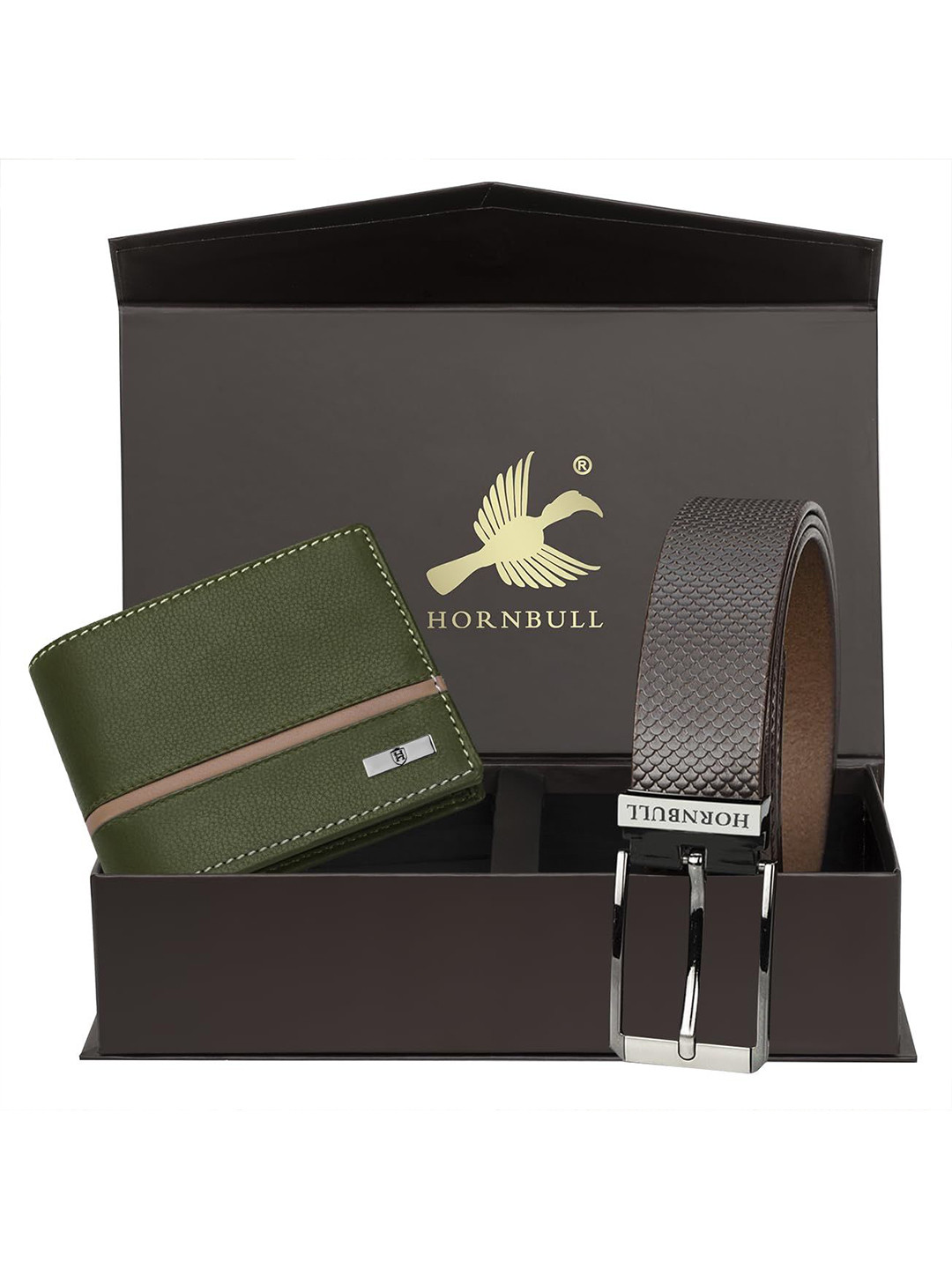 Hornbull Men Denial Leather RFID Protected Green Wallet & Brown Belt Accessory Gift Set