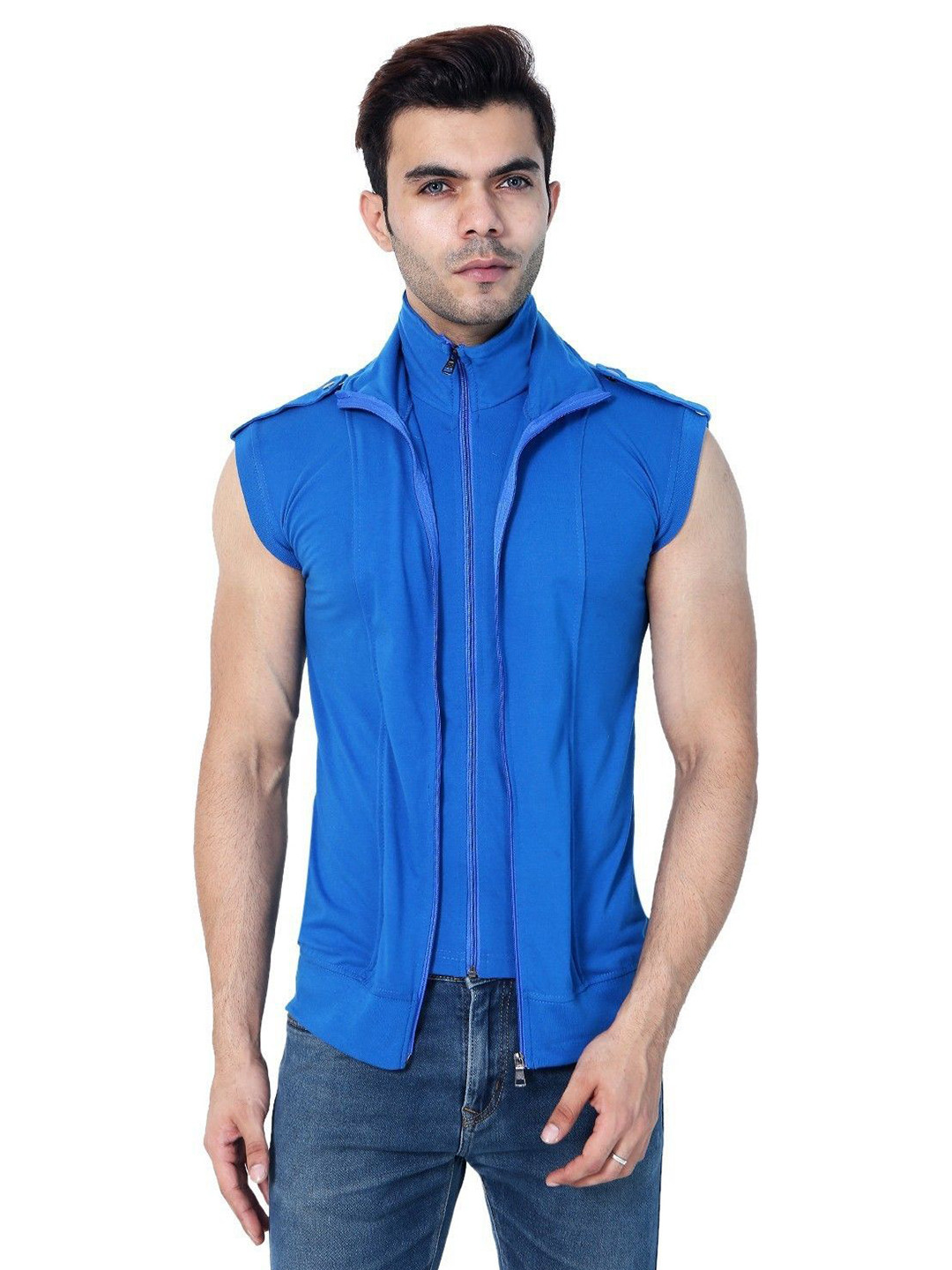 Black Collection Turtle Neck Double Zipper Sleeveless Slim Fit T-Shirt