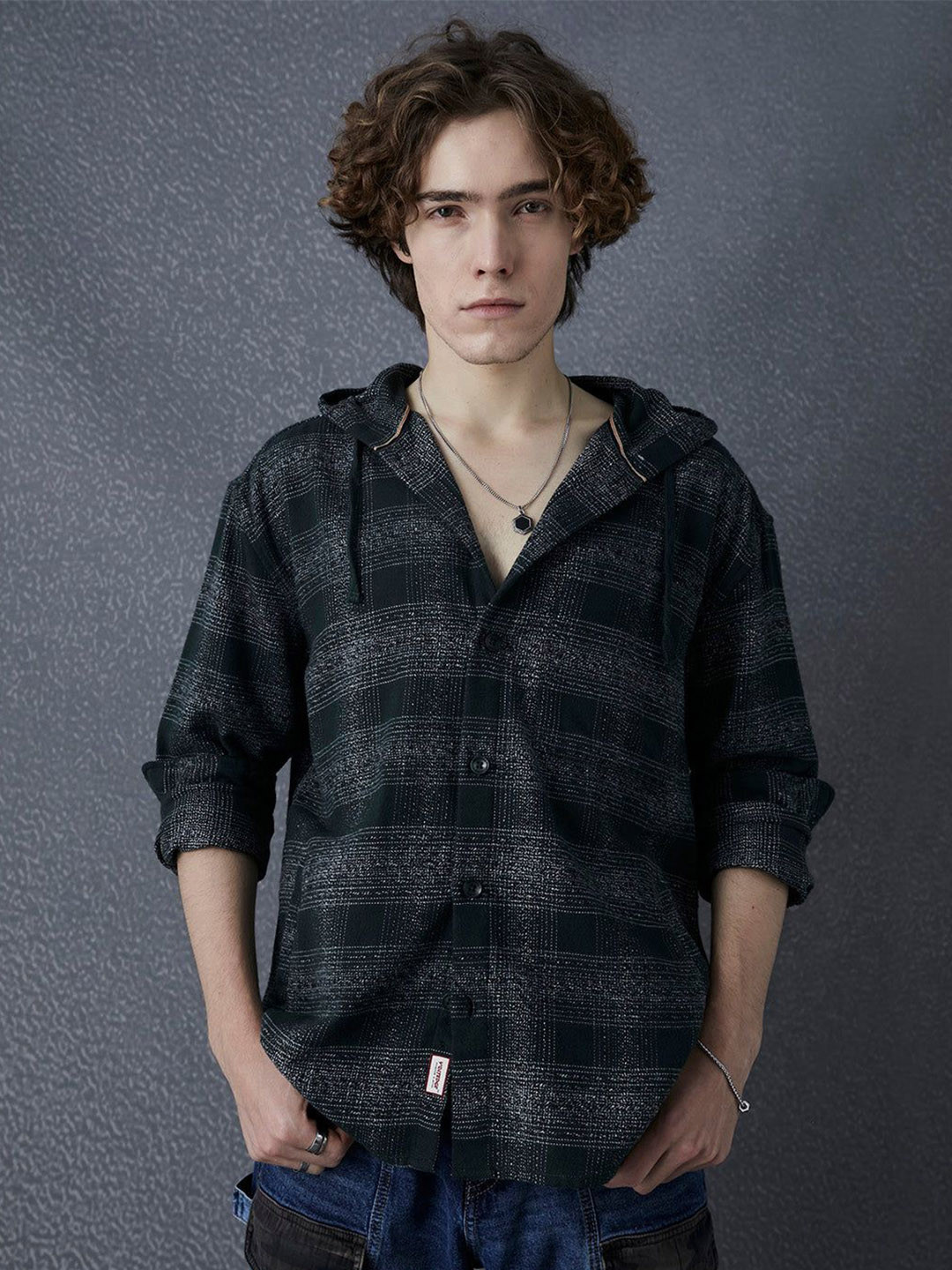 Voltedge Men Relaxed Fit Shadow Checked Cotton Hooded Full Sleeve Shacket