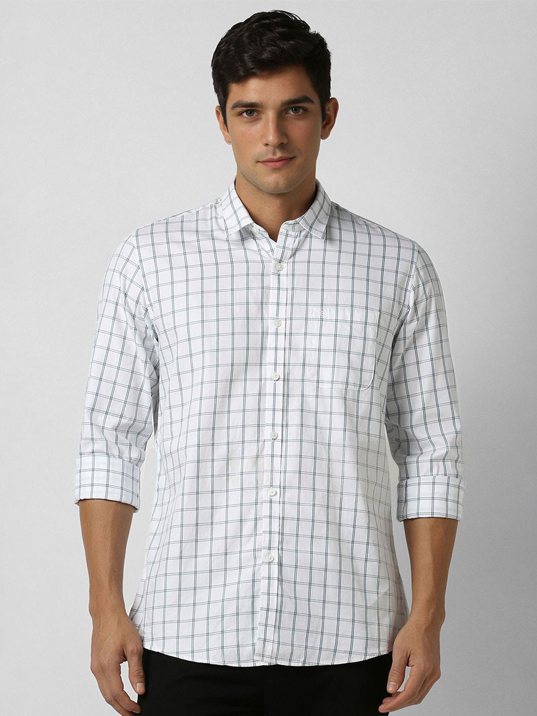 Peter England Casuals Men Slim Fit Grid Tattersall Checked Cotton Shirt