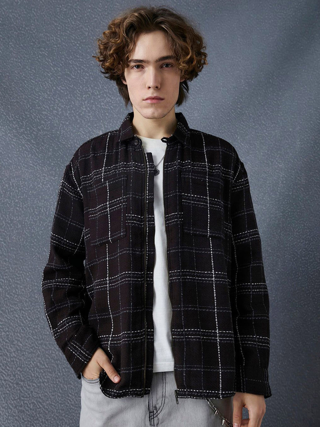 Voltedge Men Relaxed Fit Full Zip Street Look Textured Checked Fabric Shacket