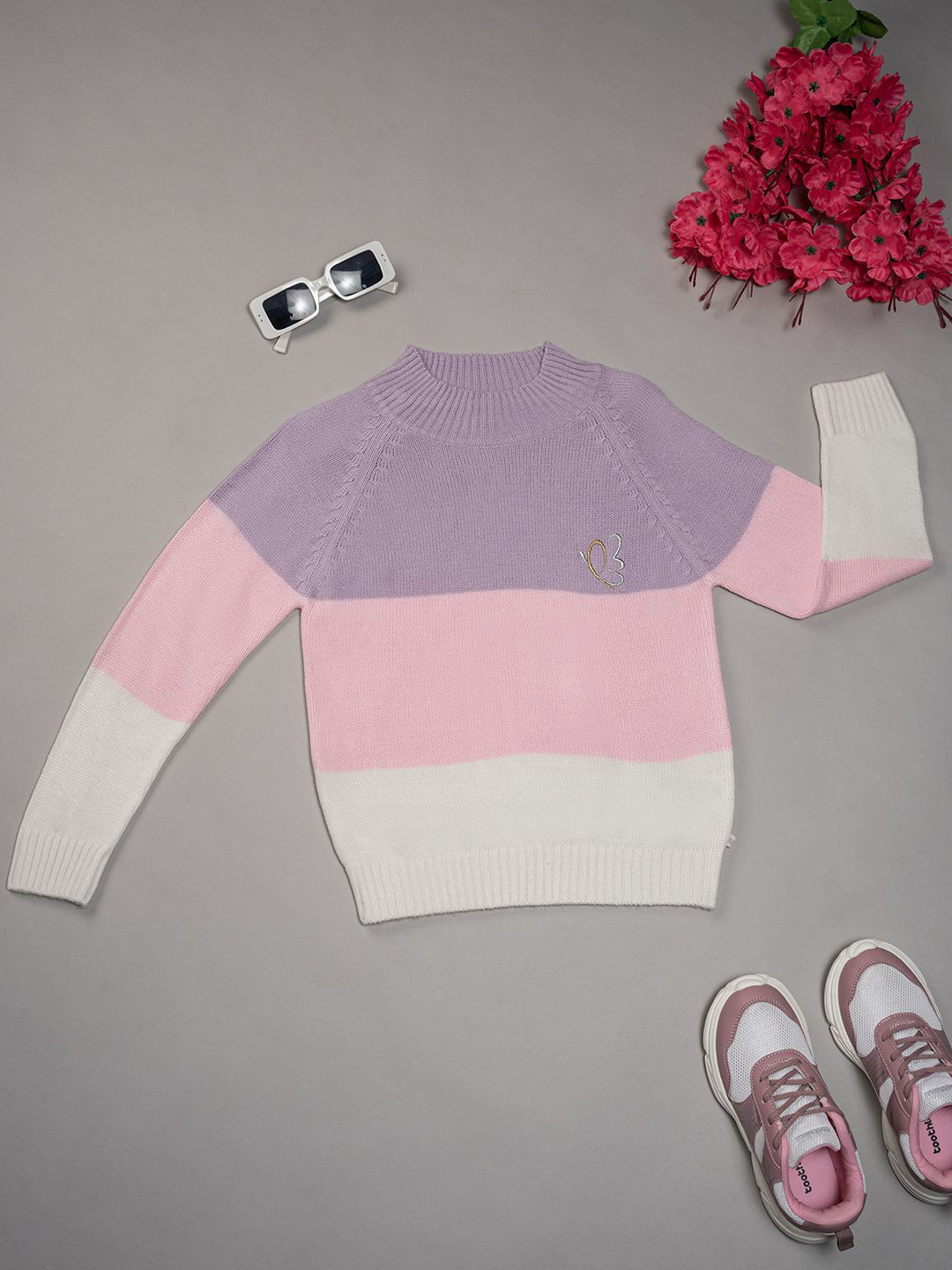 Purple United Kids Girls Sweater Colourblocked Pullover