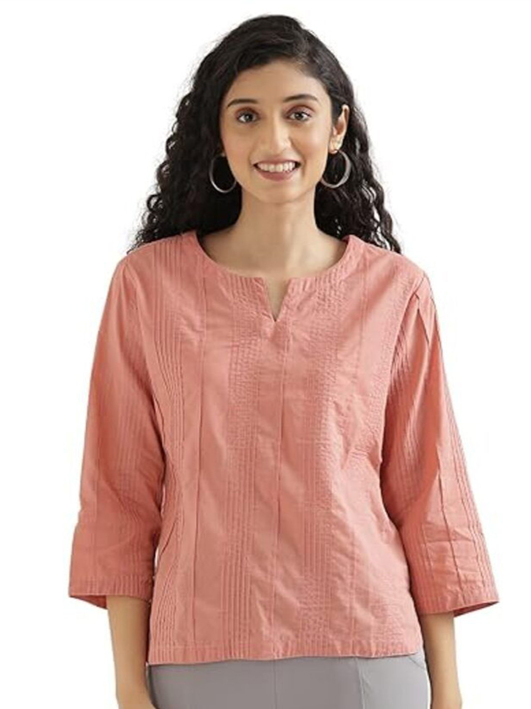SAADAA  Women Self Design Cotton Rose Taupe  Top for Casual & Office Wear