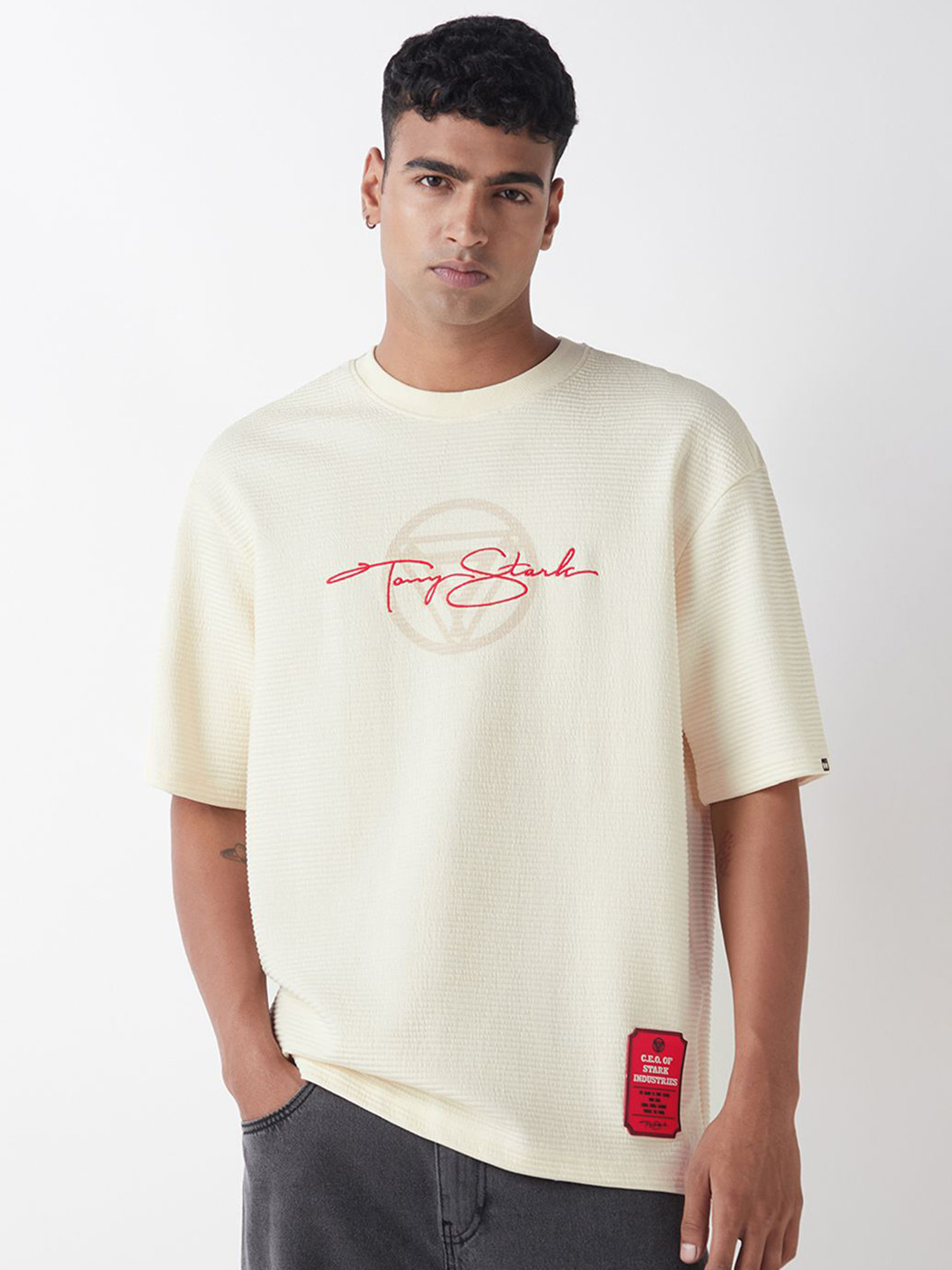 Bewakoof Heavy Duty 1.0 Official Marvel Merchandise Tony Stark Men's Textured T-Shirt