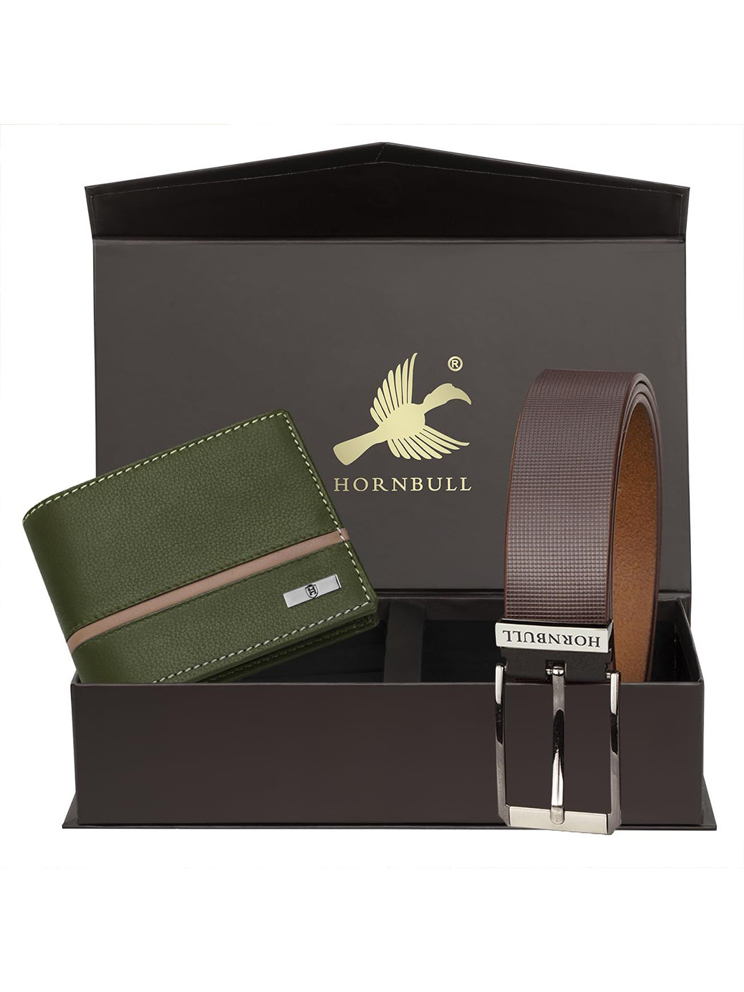 Hornbull Denial Leather RFID Protected Green Wallet & Belt Accessory Gift Set