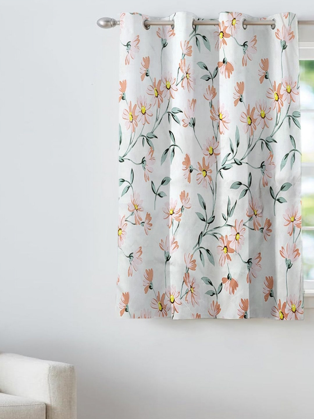 ANA White & Orange Floral Room Darkening Window Curtain
