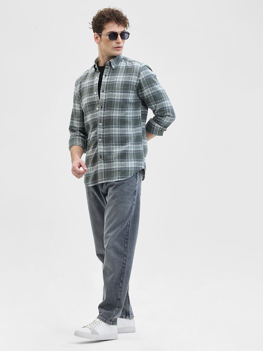 Snitch Men Button-Down Collar Tartan Checked Cotton Casual Shirt