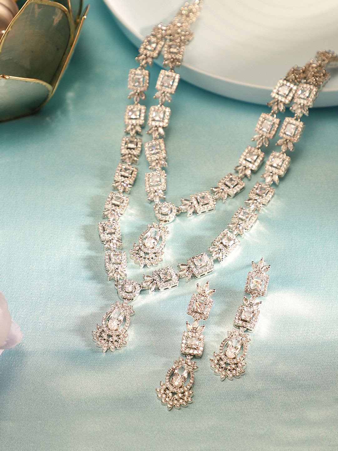 Priyaasi Silver Plated American Diamond Crystal Necklace & Earrings
