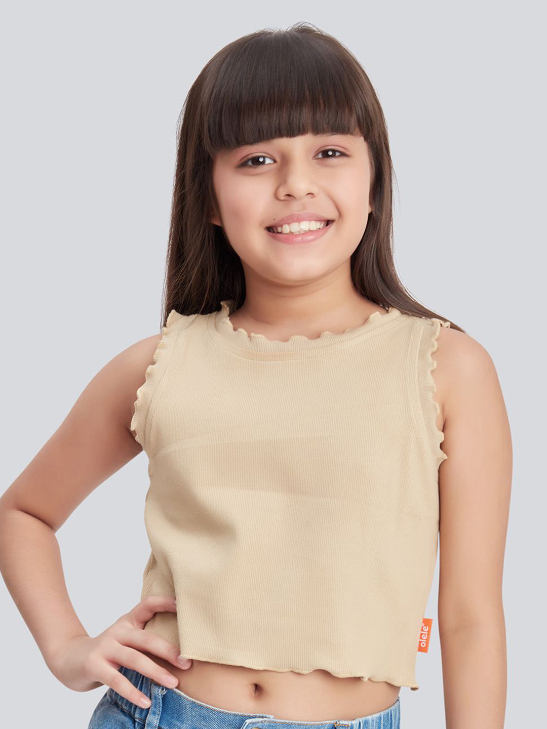 Olele Girls Tea Brown Sleeveless Cotton Rib Crop Top